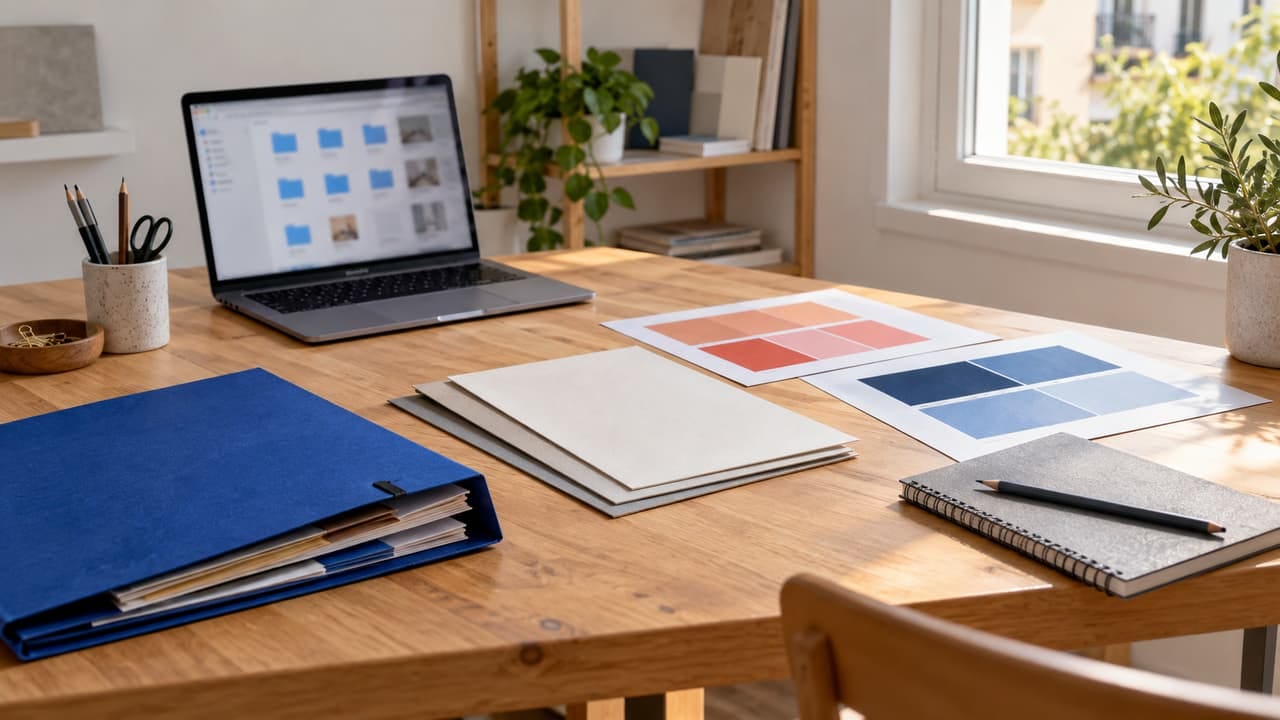 Una mesa de estudio de diseño con un portátil, una carpeta de muestras azules y tres documentos ordenados junto a una libreta, sin texto legible en las pantallas.