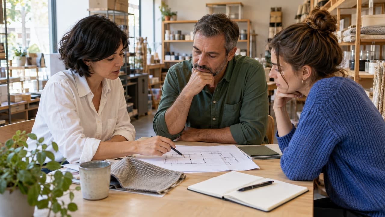 Tres personas conversan alrededor de una mesa pequeña con un plano de distribución, muestras y una libreta, en la trastienda de un comercio.