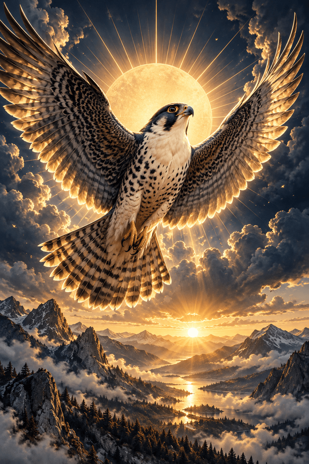 The Sun, an original golden Falcon Tarot illustration