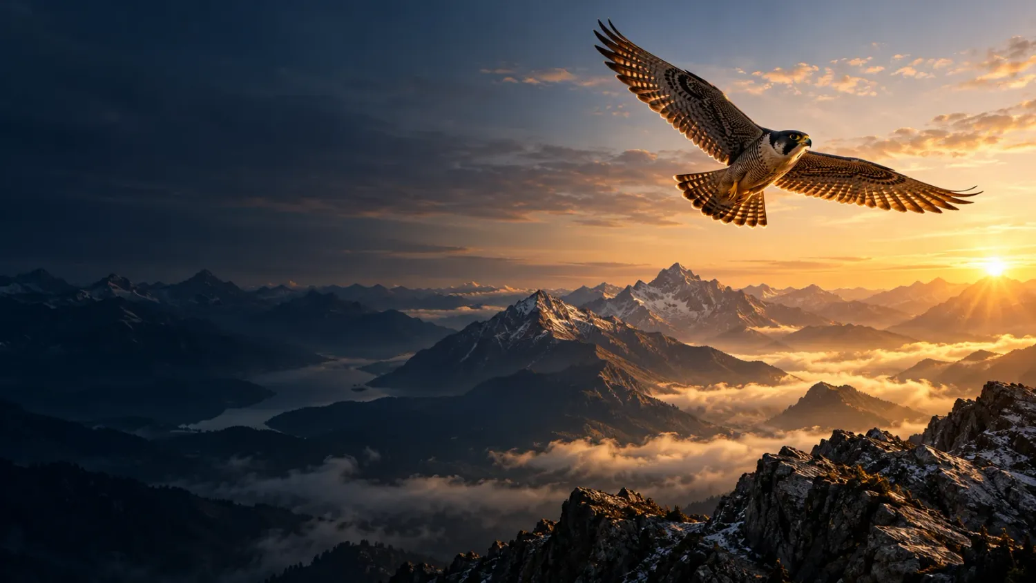 A falcon gliding above sunlit mountain peaks at dawn