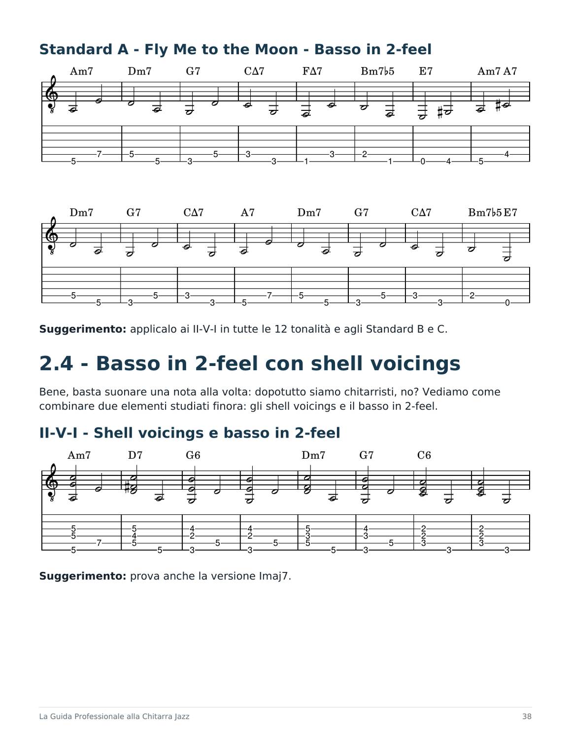 Pagina 38 della Guida italiana: basso in 2-feel e shell voicings.