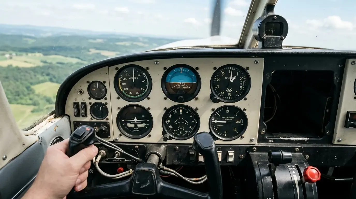 Tableau de bord analogique d'un avion léger, poste radio et instruments de vol