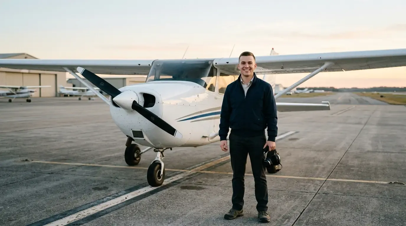 Jeune élève pilote debout devant un avion léger avant un vol d'instruction
