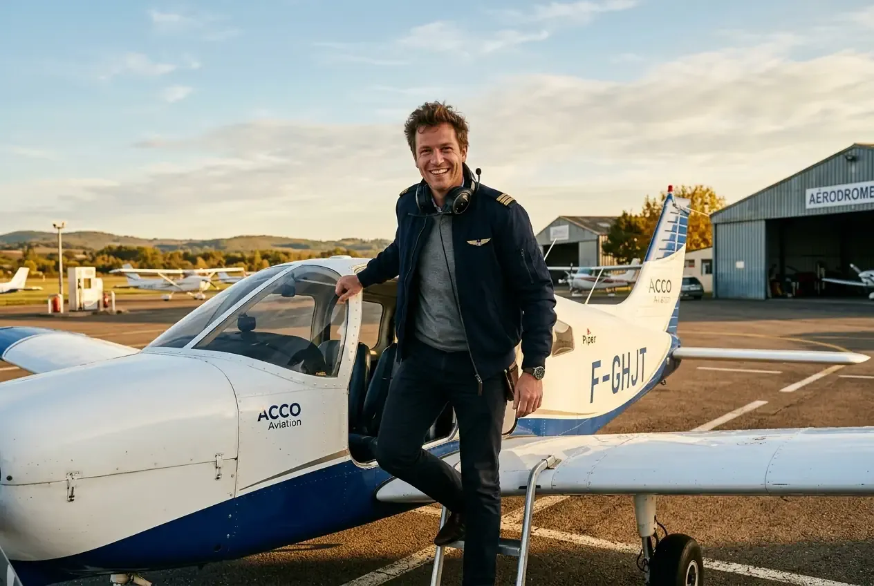 Pilote souriant après l'atterrissage de son vol d'initiation au pilotage