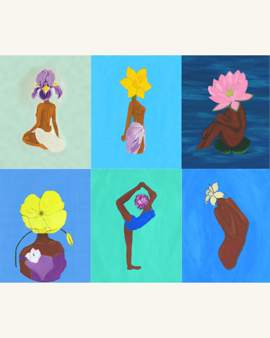 6 image grid of Estee Marie's original birth month flower images. top row from left to right: purple iris, yellow daffodil, pink water lily. Bottom row: yellow poppy, purple chrysanthemum, white narccisus