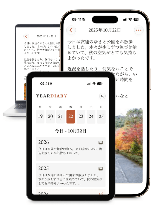 iPhoneとiPadに表示されたYearDiaryの日記画面