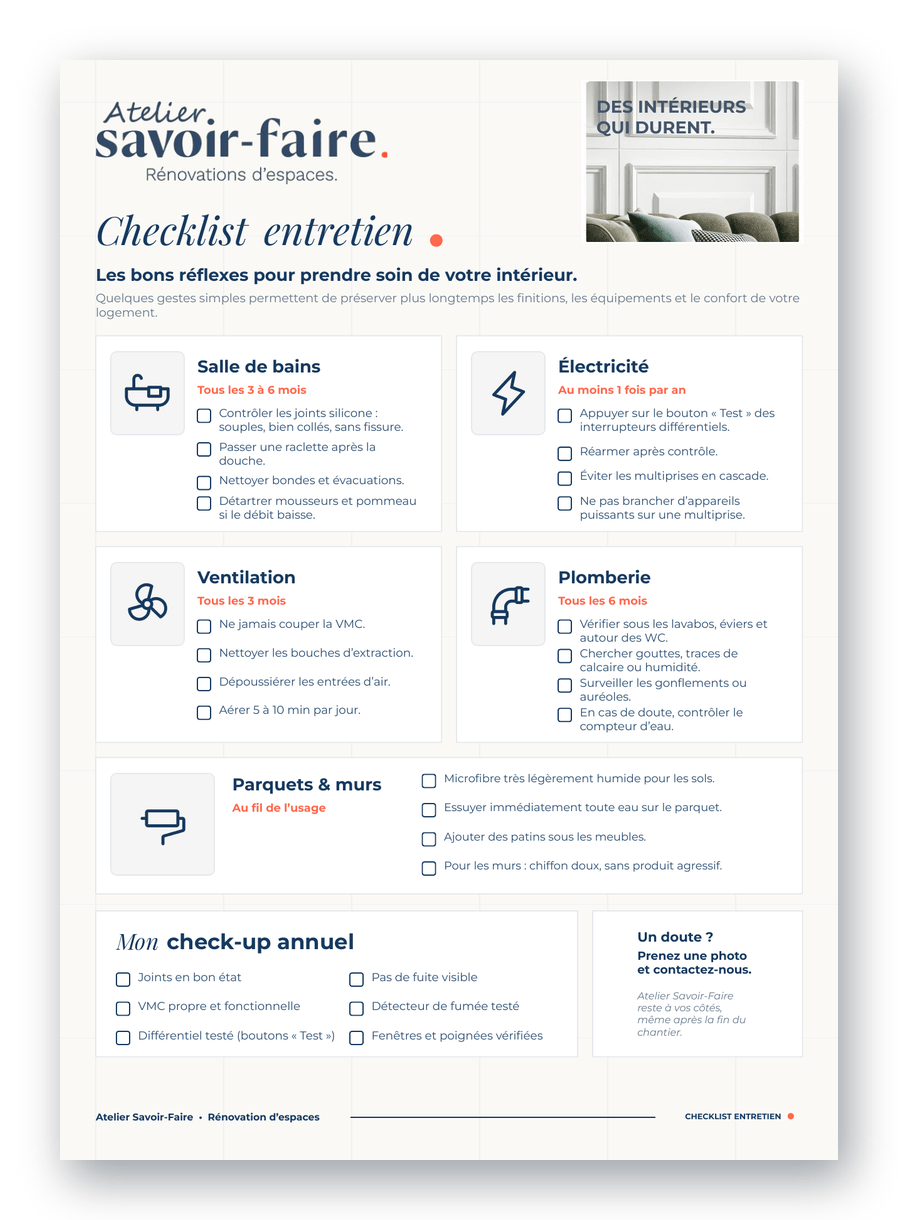 Checklist entretien Atelier Savoir-Faire