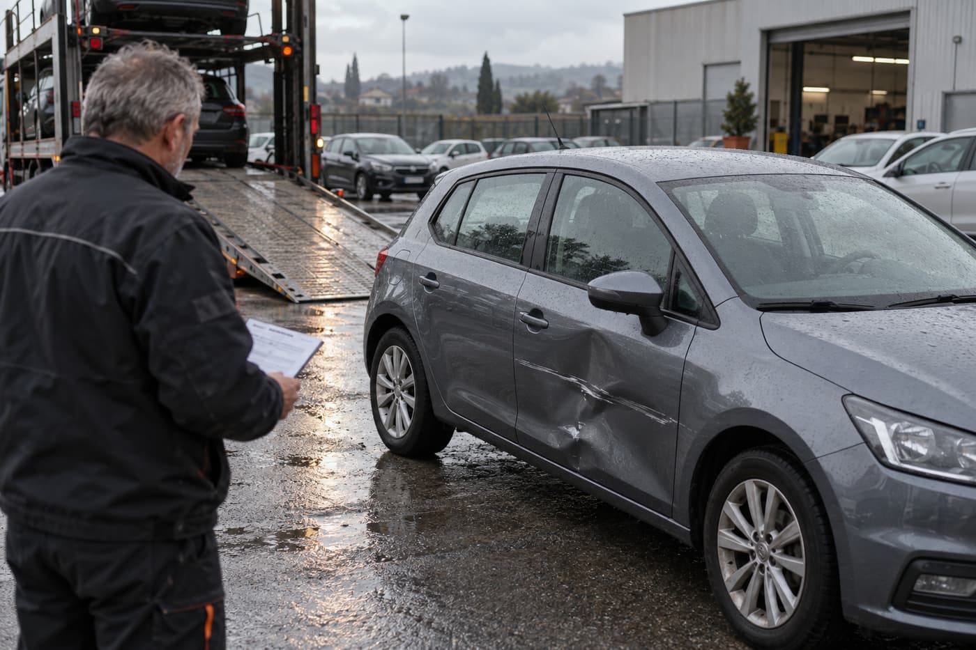 Un'auto appena scesa dalla bisarca con un'ammaccatura sulla portiera, e il titolare con la perizia in mano