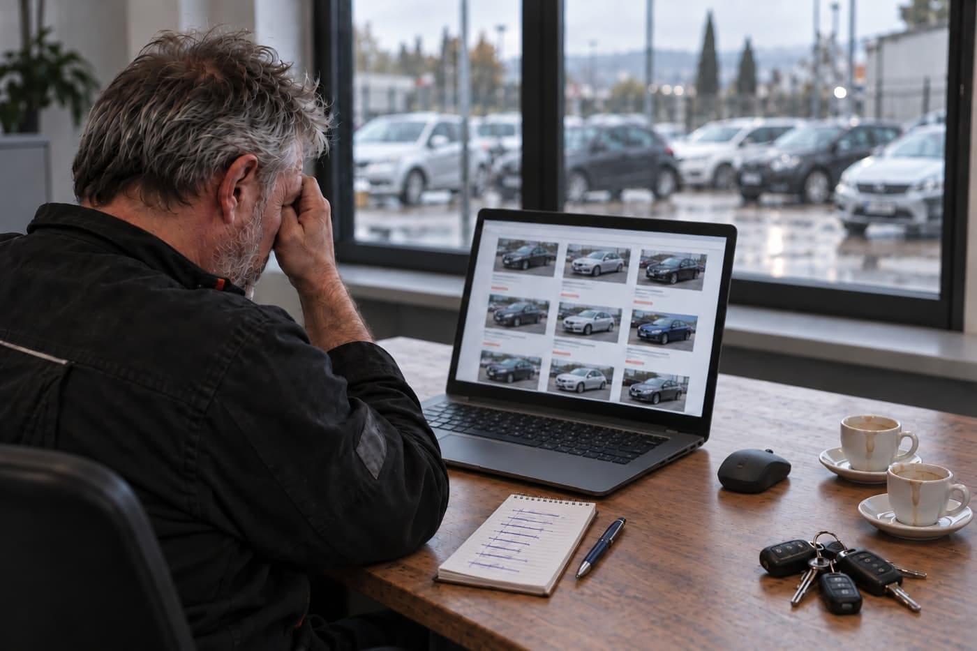 Il titolare con la faccia fra le mani davanti a un computer pieno di annunci di auto