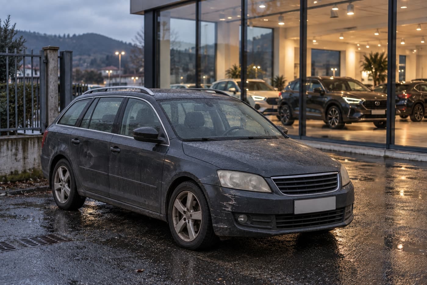 Una station wagon usata e opaca parcheggiata fuori, davanti alla vetrina illuminata di un salone con le auto nuove