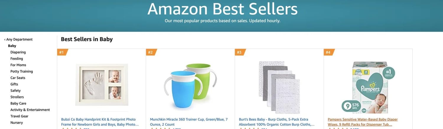 Historical July 2019 screenshot of Bubzi Co number one best sellers in Baby