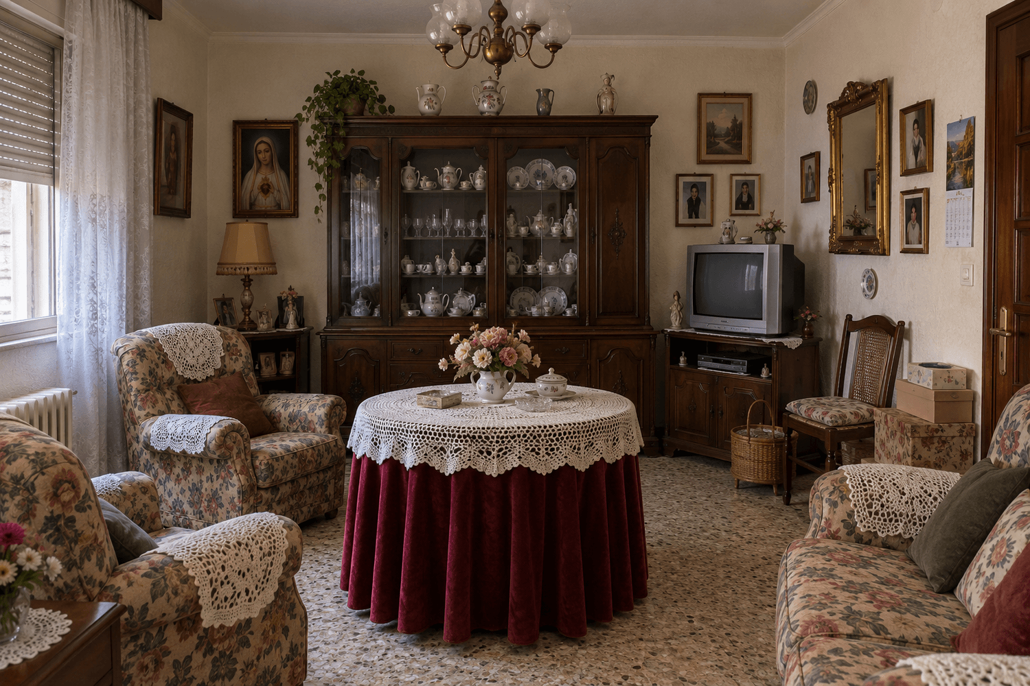 Salón de una casa heredada en Jaén lleno de muebles antiguos, antes de ponerla a la venta