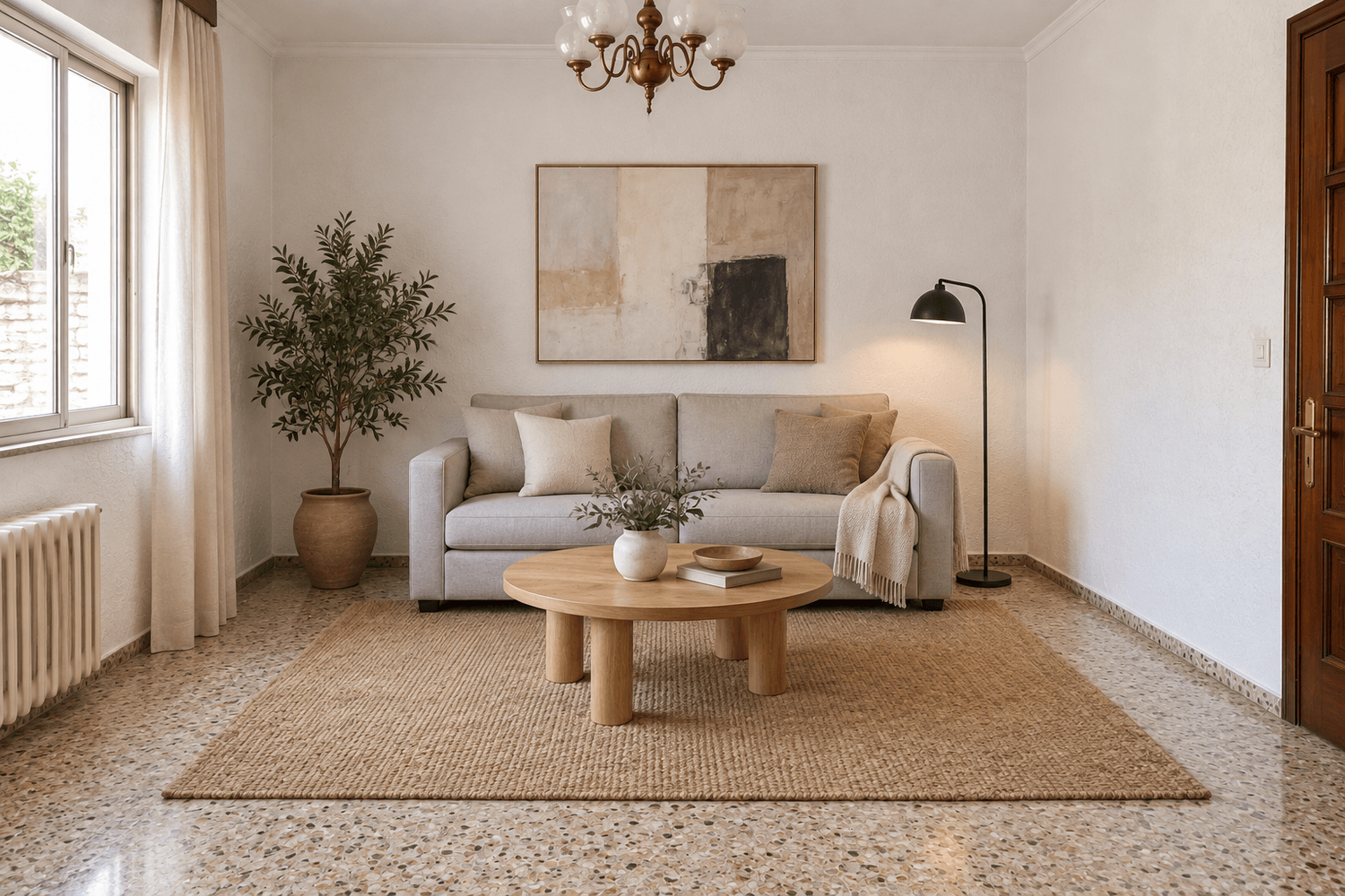 El mismo salón vaciado, pintado de blanco y con cuatro muebles neutros, listo para las visitas