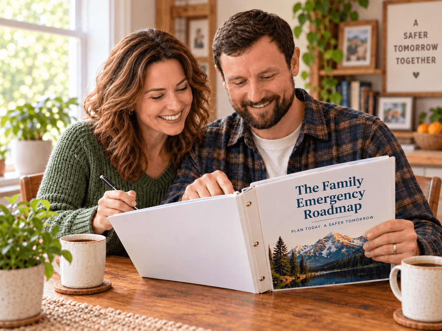 A couple filling out the Family Emergency Roadmap binder together at the kitchen table