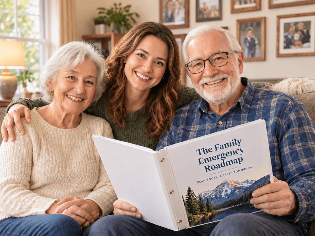 Adult daughter with her aging parents holding the Family Emergency Roadmap binder