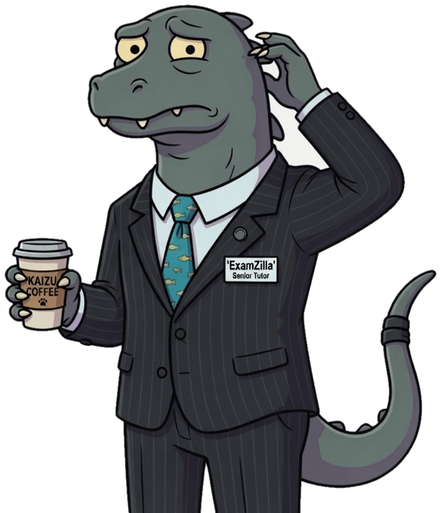 ExamZilla holding a coffee and scratching his head