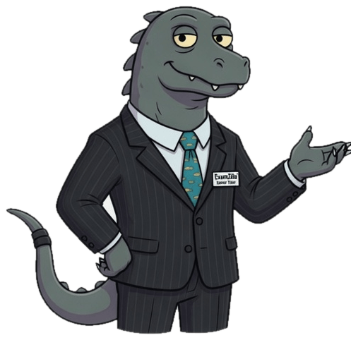 ExamZilla, a kaiju in a pinstripe suit, gesturing welcomingly