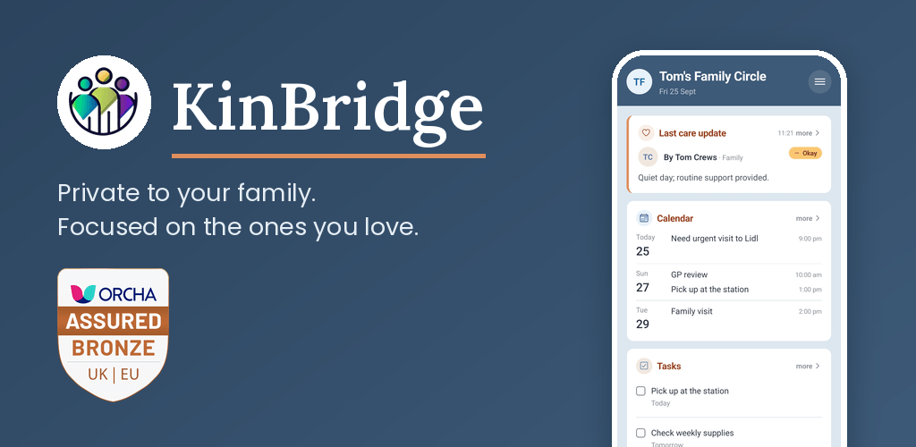 KinBridge Mobile Care App with shared calendar, care updates, family feed, task list, recipient key information, expense tracker, scheduled payments