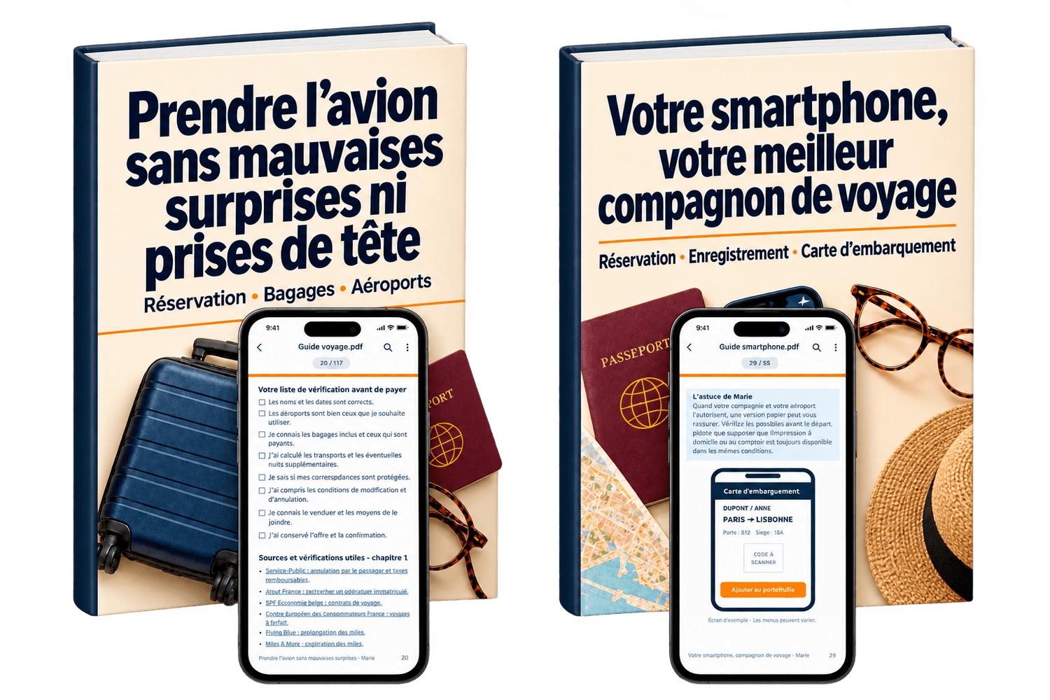 Les deux guides avec leurs PDF ouverts sur téléphone