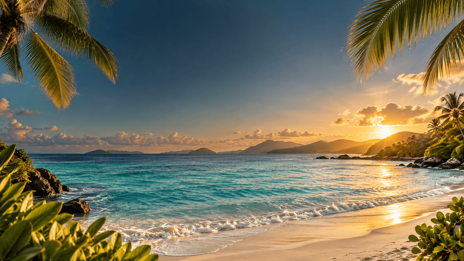 Tropical beach and turquoise sea at sunset