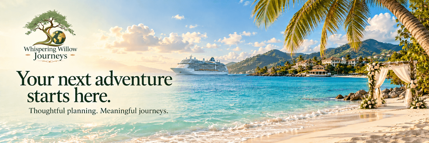 Whispering Willow Journeys. Your next adventure starts here. Thoughtful planning. Meaningful journeys. Tropical beach with a cruise ship, oceanfront resort, and wedding arbor.
