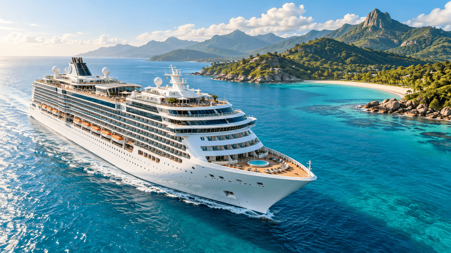 Ocean cruise ship sailing beside a tropical island and turquoise water