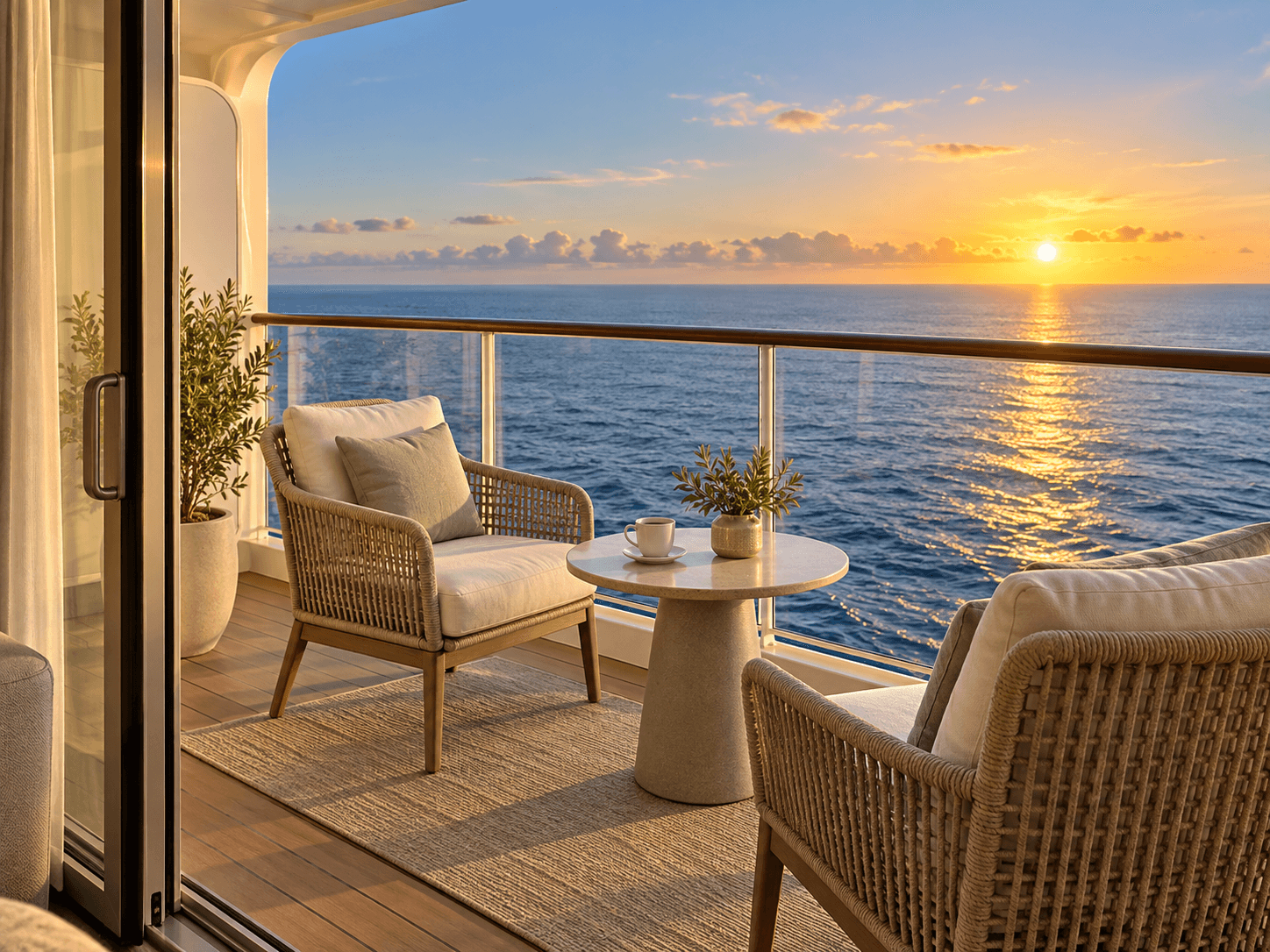 Cruise balcony with comfortable chairs overlooking the ocean at sunrise