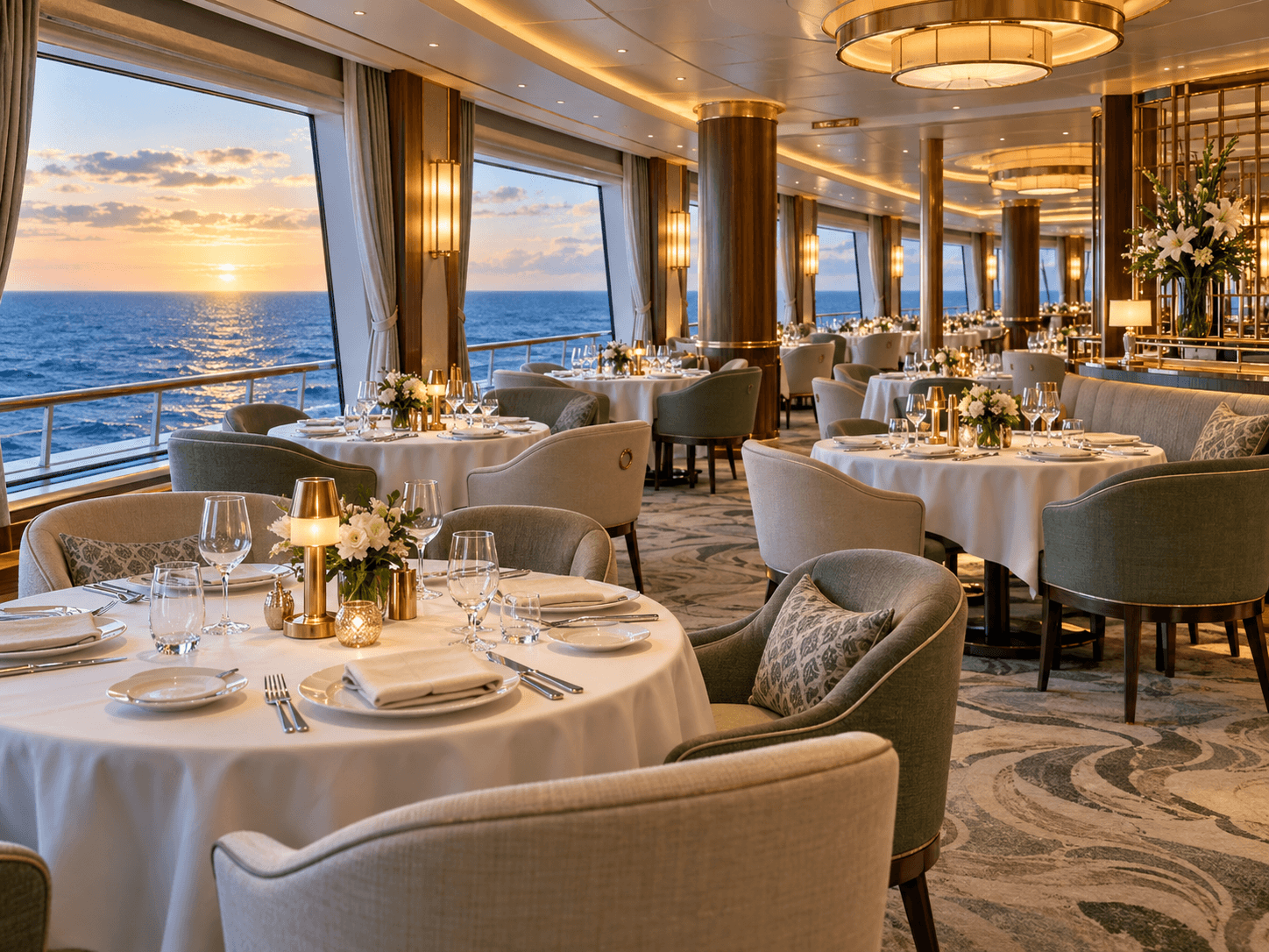 Elegant cruise restaurant with beautifully set tables and ocean views