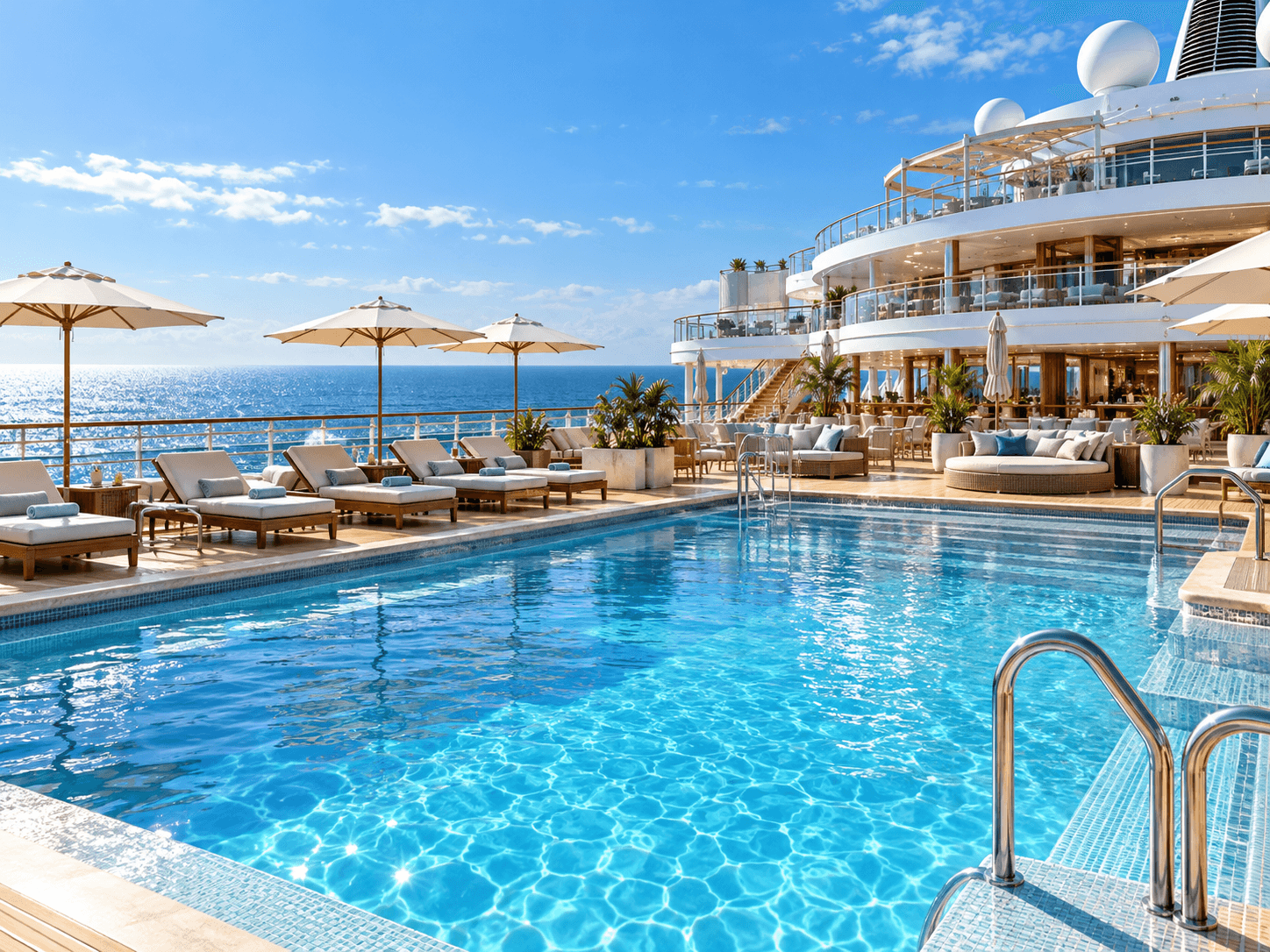 Sparkling cruise ship pool with lounge chairs and an ocean horizon