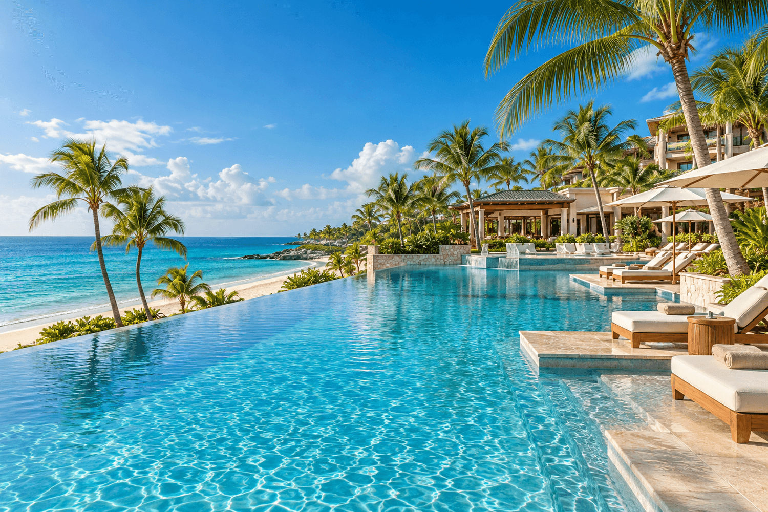 Beachfront tropical resort infinity pool overlooking turquoise water and palm trees