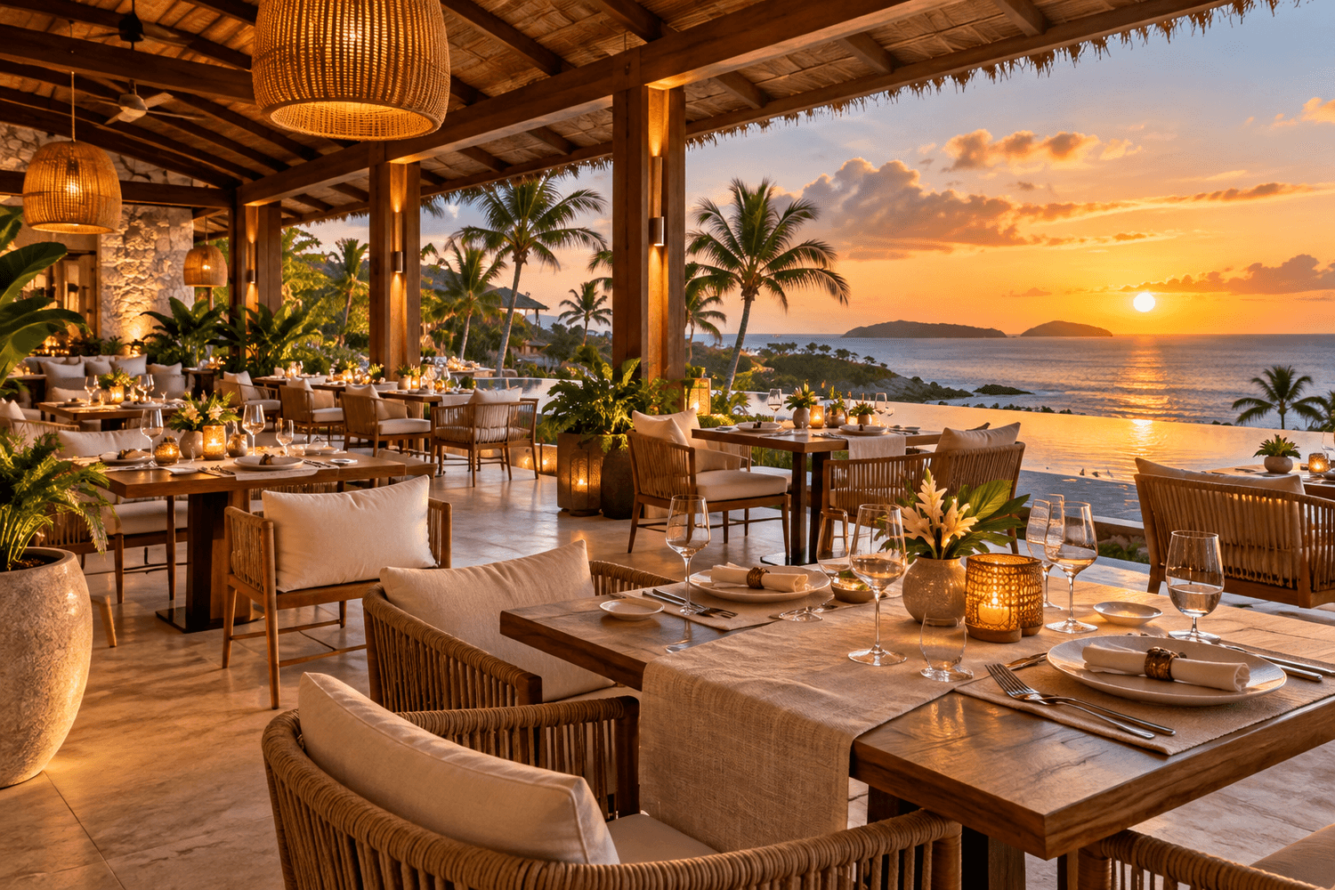 Elegant open-air tropical resort restaurant overlooking the ocean at sunset