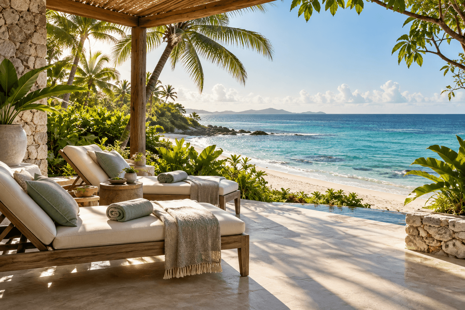 Illustrative tropical oceanfront terrace representing island vacation inspiration