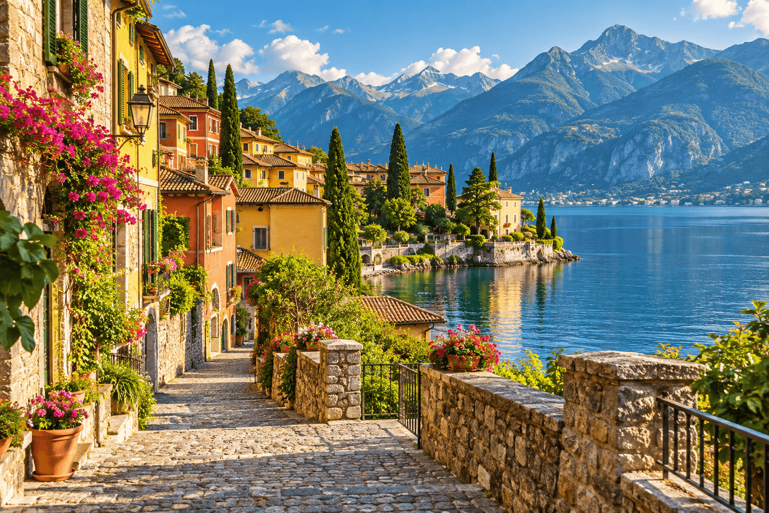 Illustrative European lakeside village and mountain scenery for guided travel inspiration