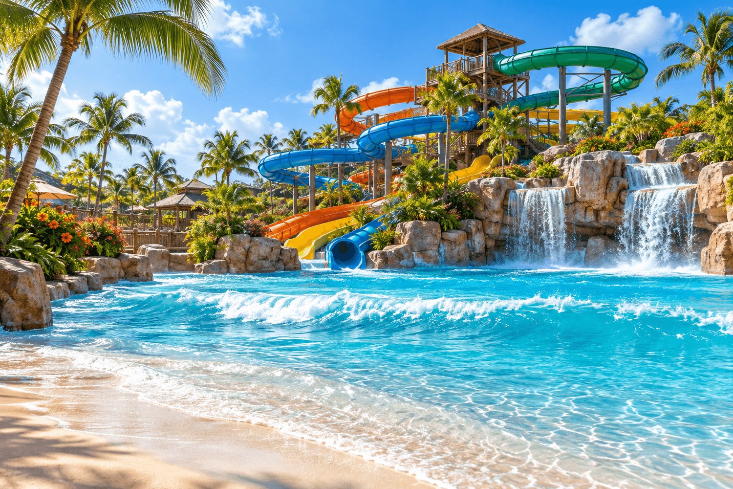 Illustrative water park with colorful slides and a sparkling pool