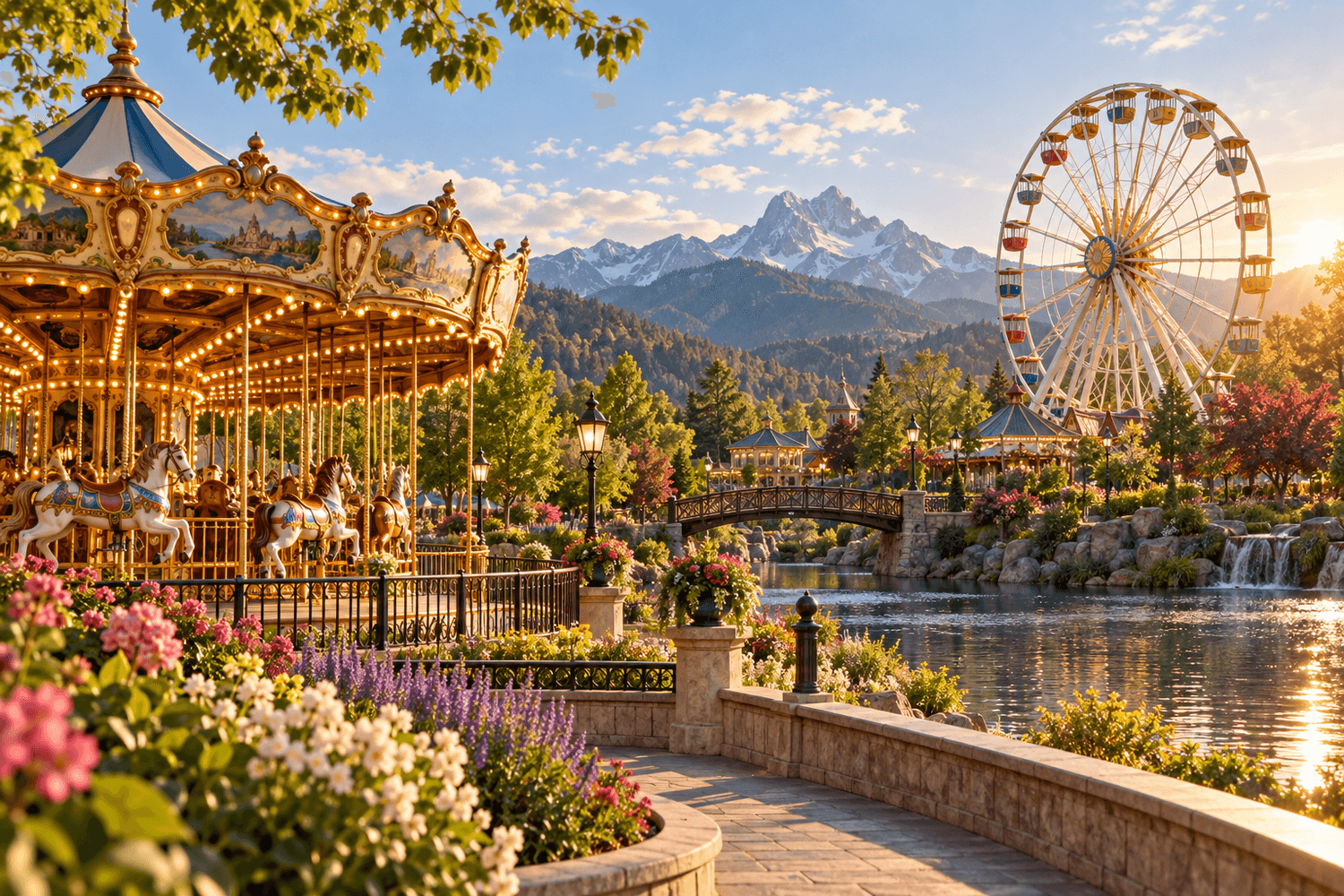 Illustrative carousel and Ferris wheel in a scenic family amusement park
