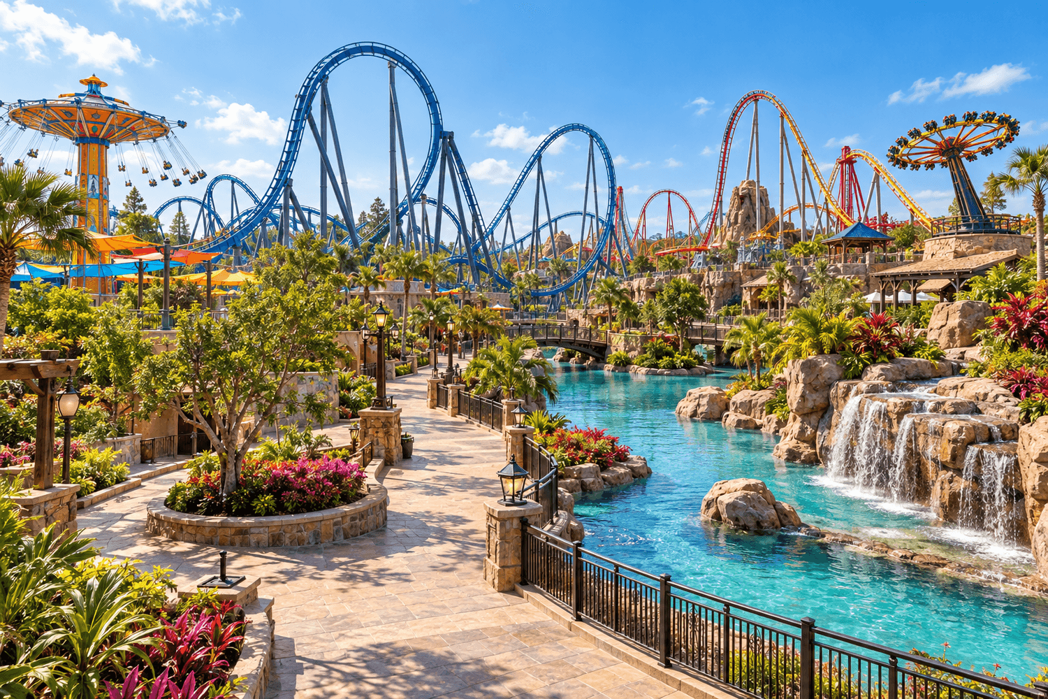 Illustrative amusement park with colorful roller coasters and landscaped pathways