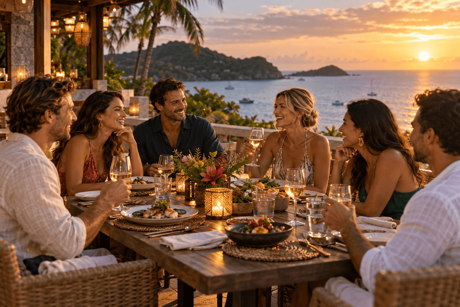 Friends sharing a relaxed dinner overlooking the ocean at sunset
