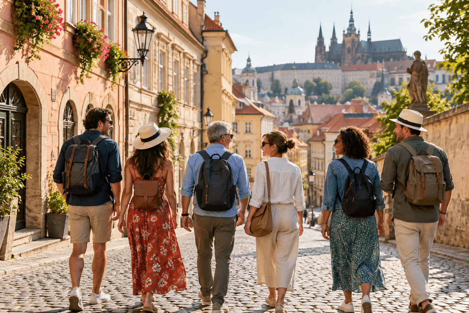 A small group of travelers exploring a charming European street together
