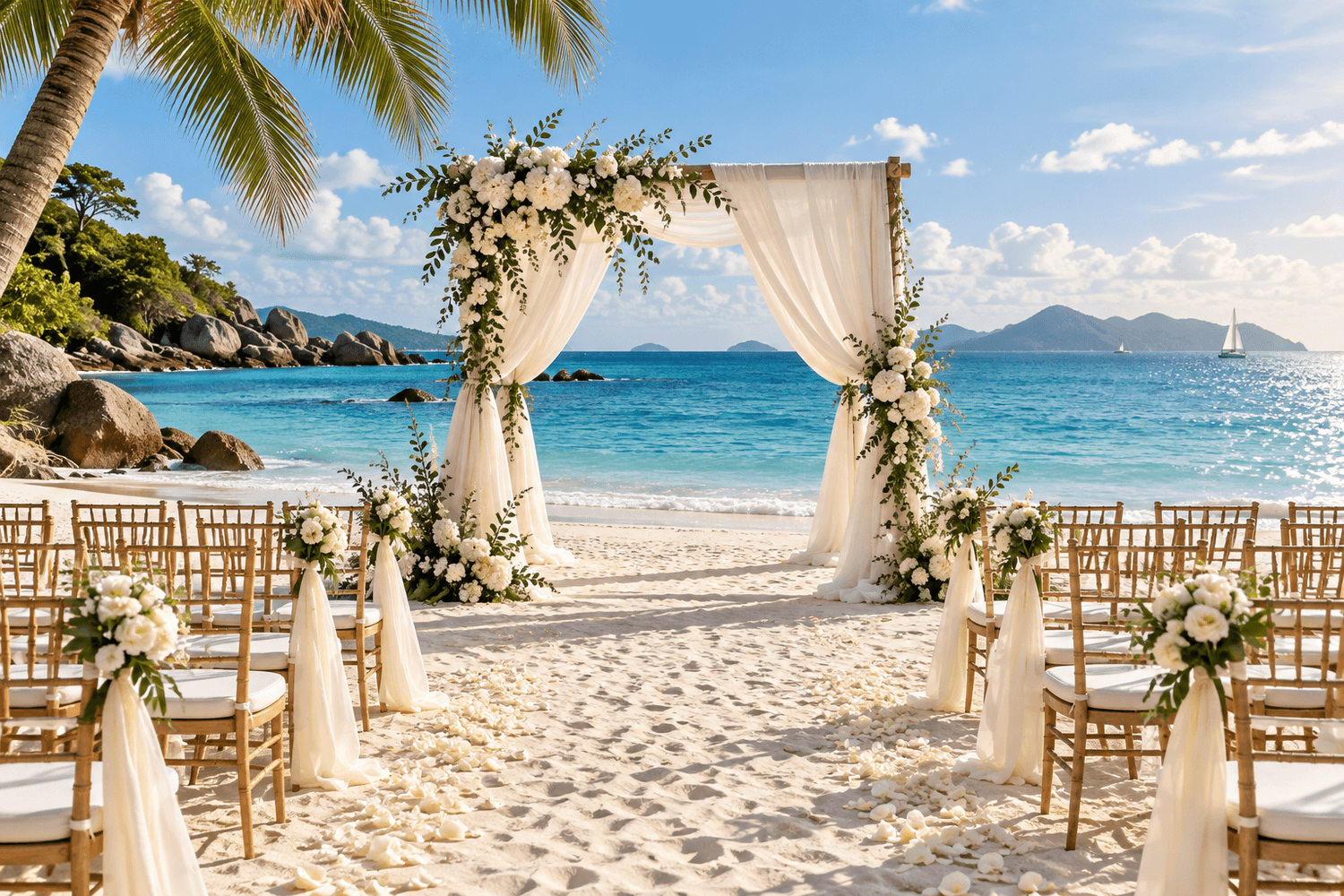 Elegant beach wedding ceremony with a white floral arbor and turquoise ocean