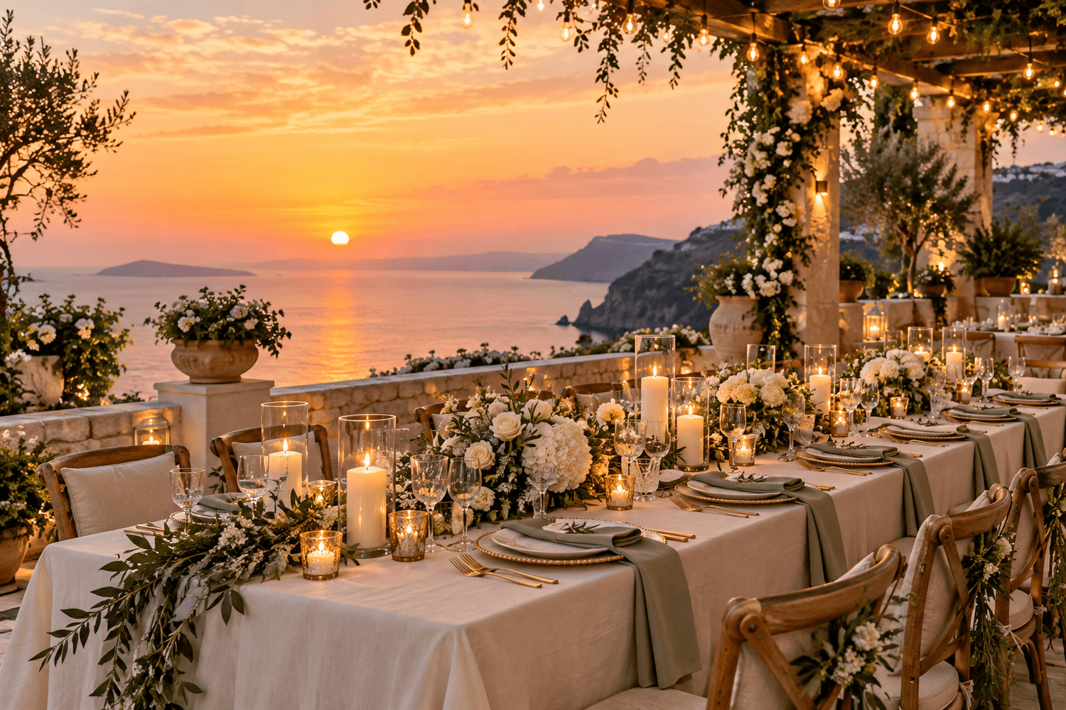 Elegant wedding reception table overlooking the sea at sunset