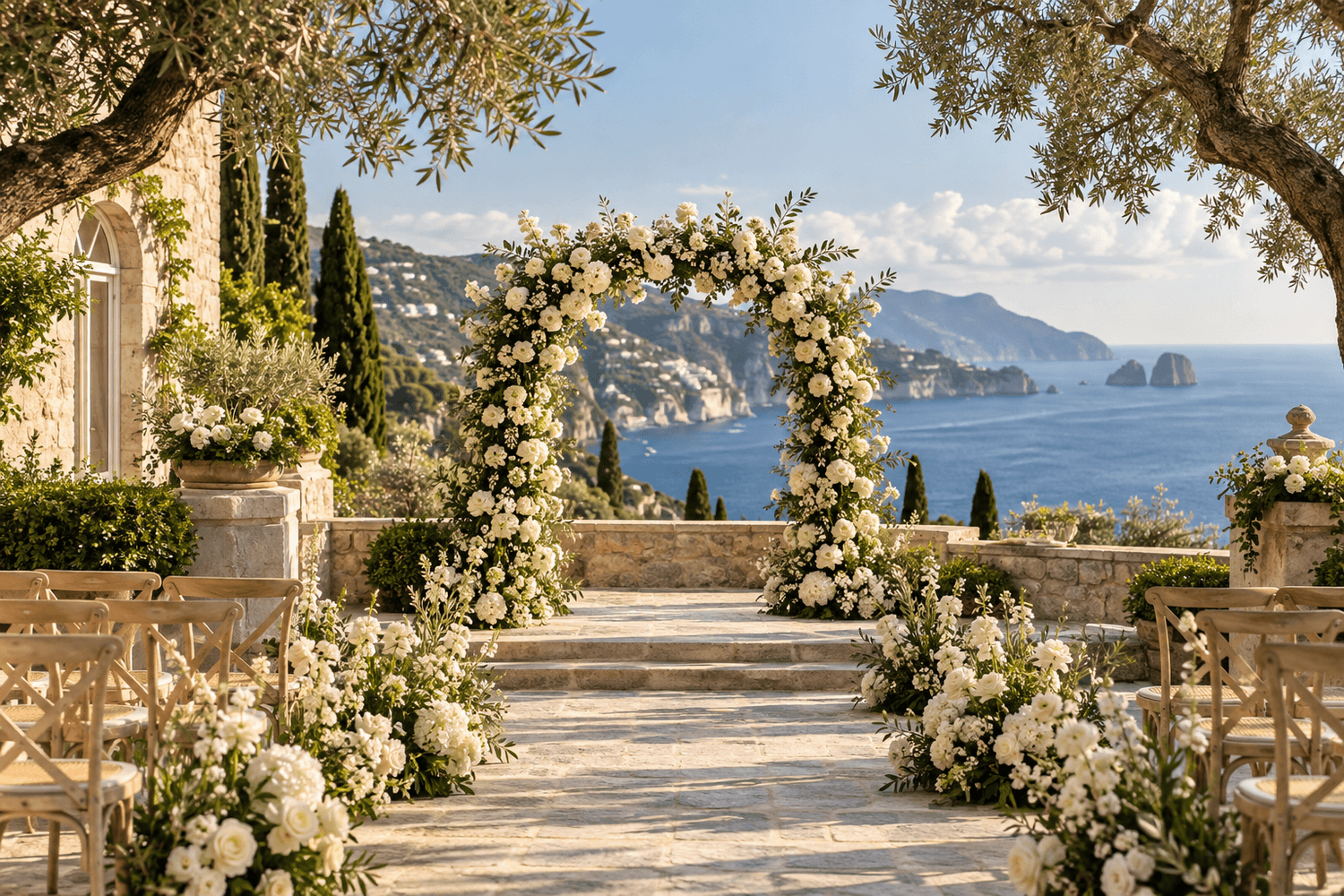 Intimate garden wedding terrace with a floral arch and Mediterranean sea view