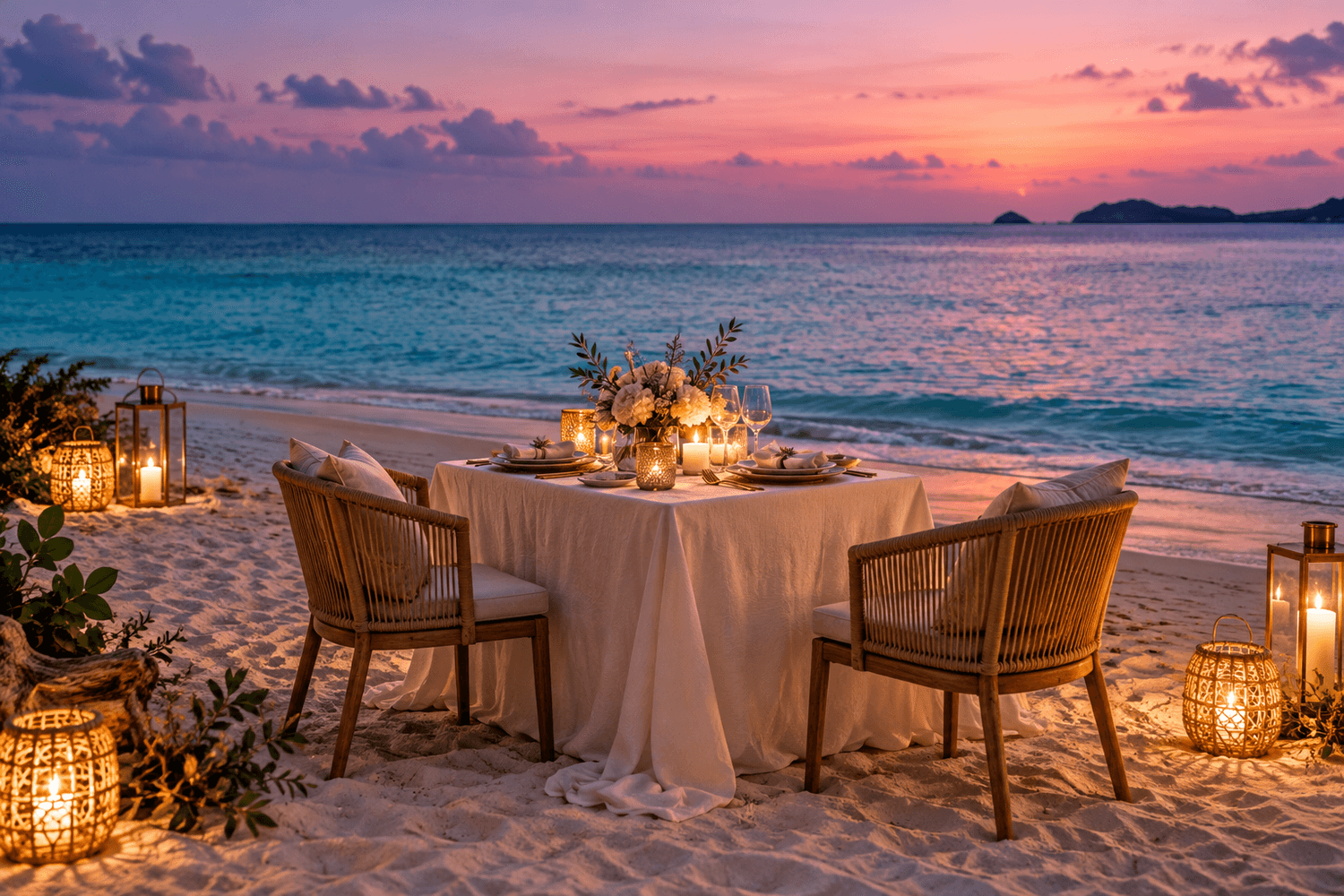 Private candlelit dinner for two on a quiet beach at sunset