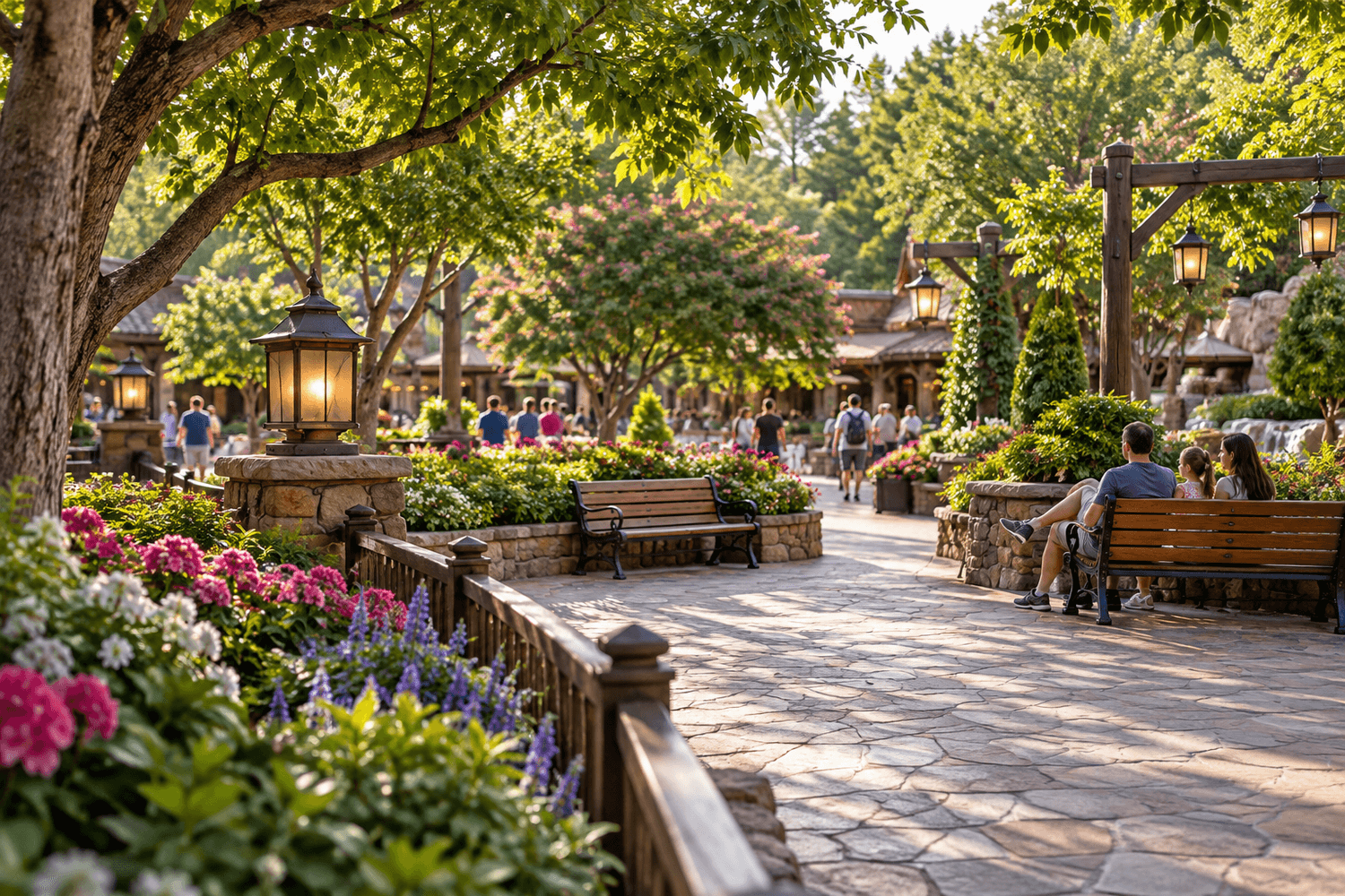 Shaded garden benches for relaxing during a theme park visit
