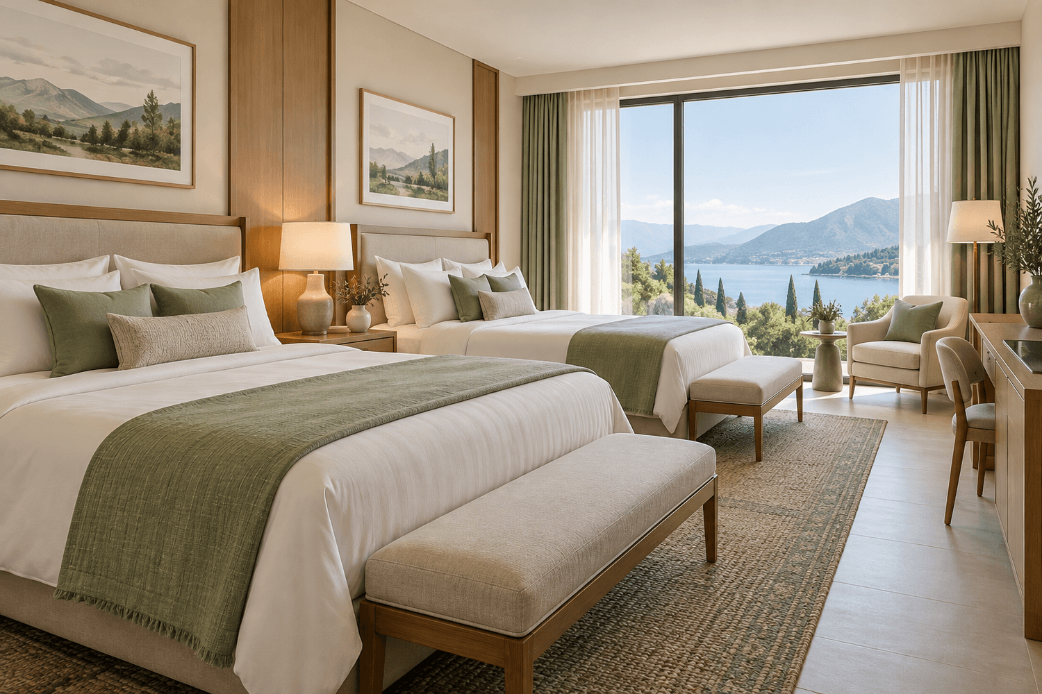 Comfortable hotel room with two queen beds and sage accents
