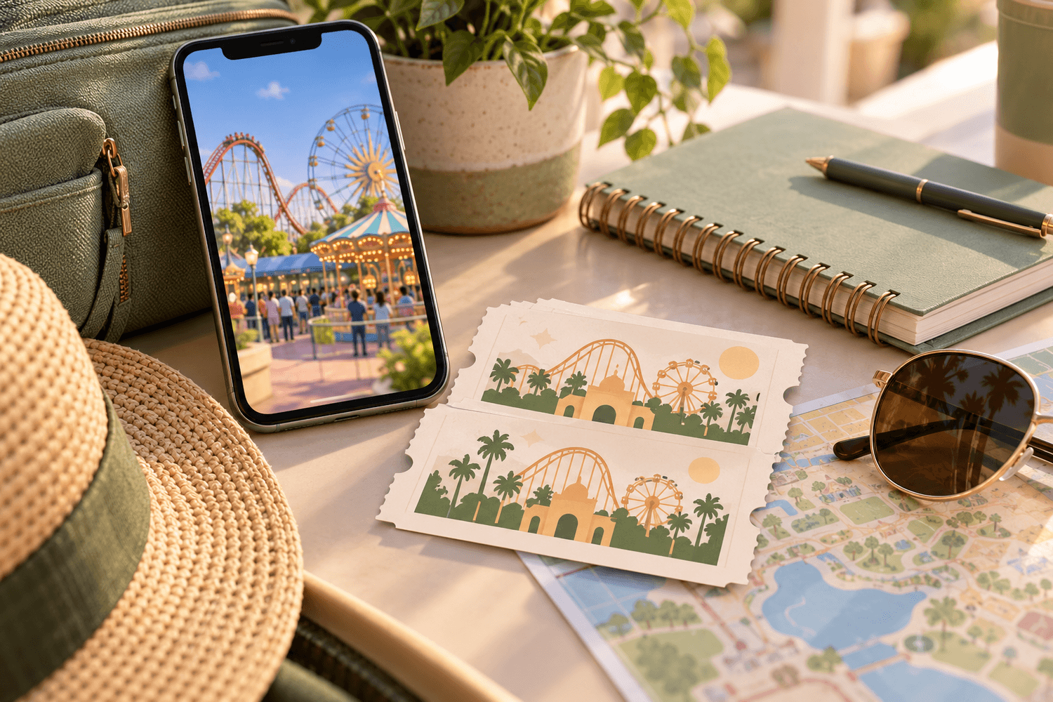 Theme park tickets, a phone, and a notebook arranged for vacation planning