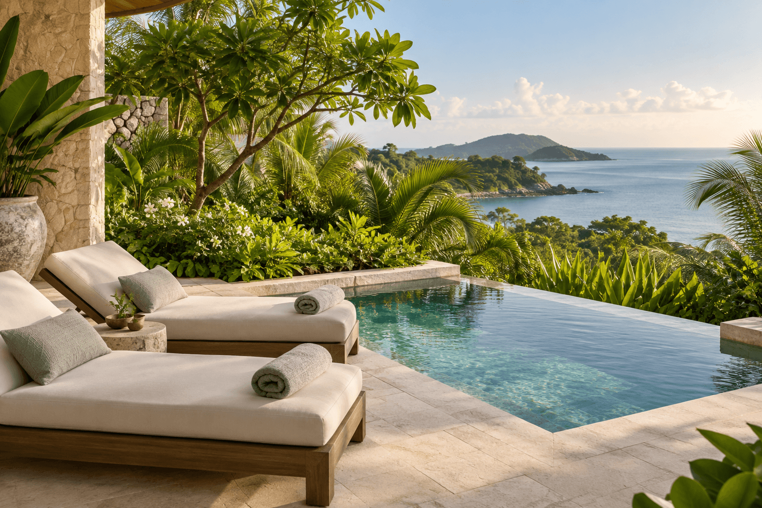 Quiet private plunge pool with two loungers at a tropical retreat