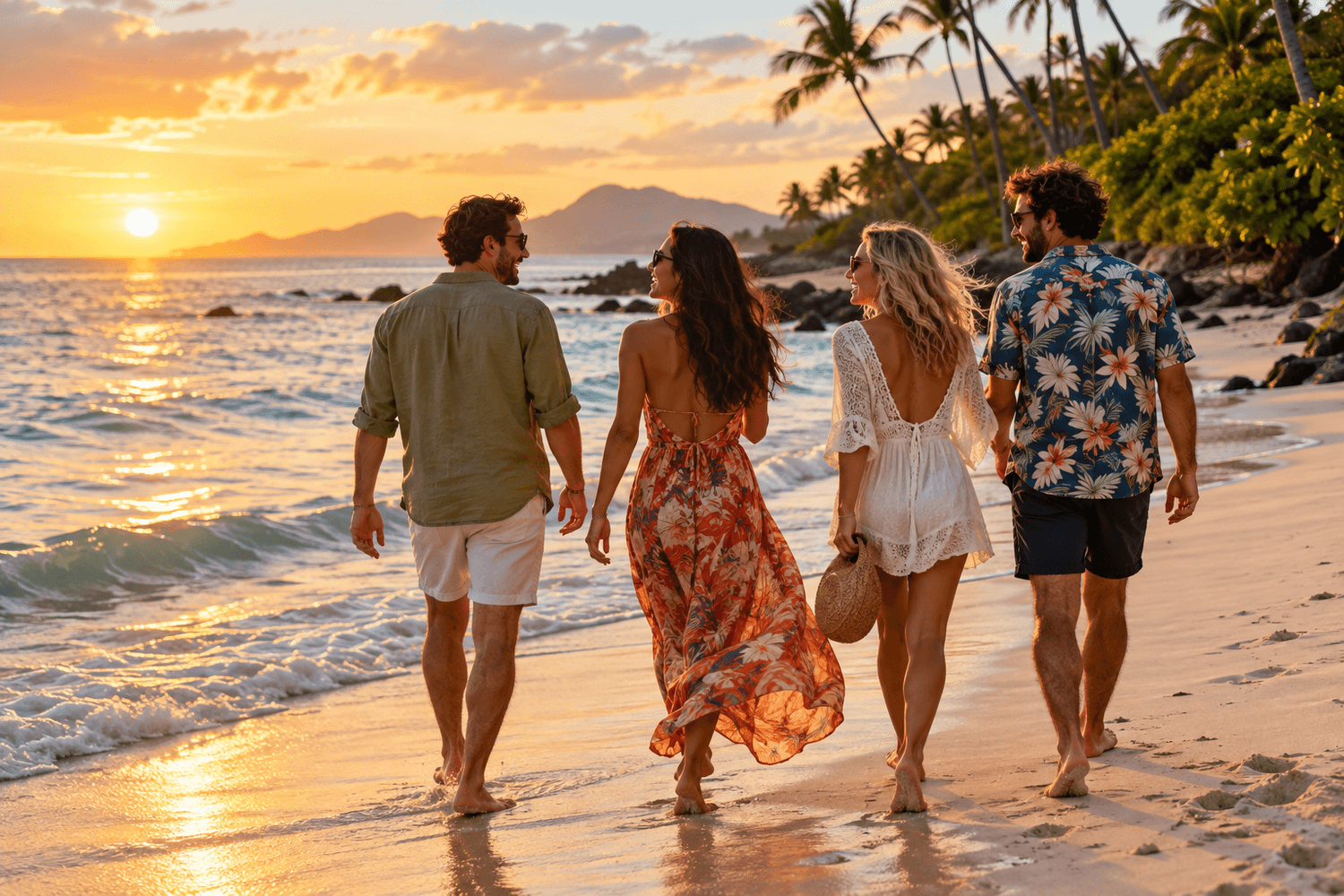 Four friends walking along a tropical beach at sunset