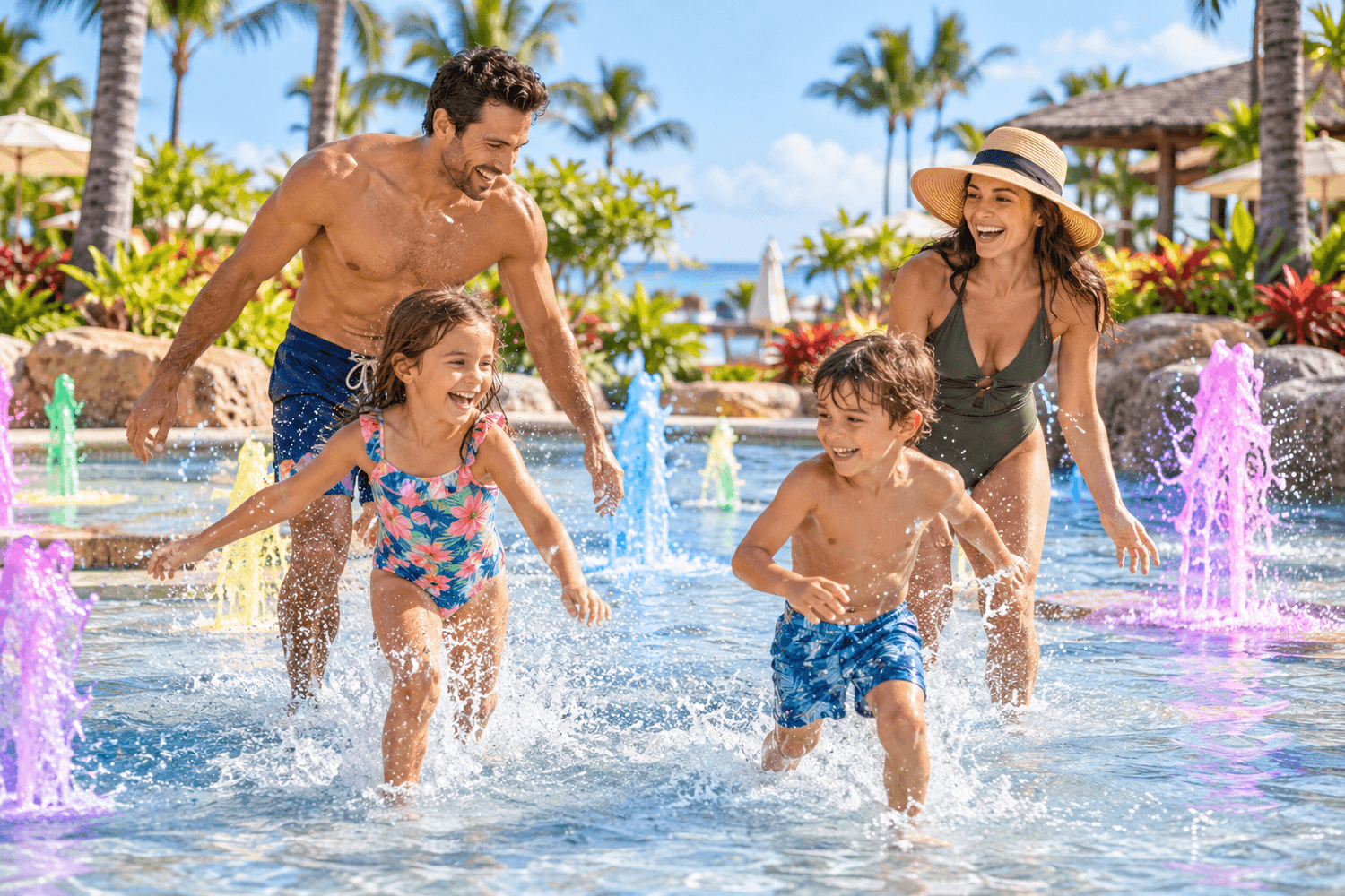 Family enjoying a shallow resort splash pool together