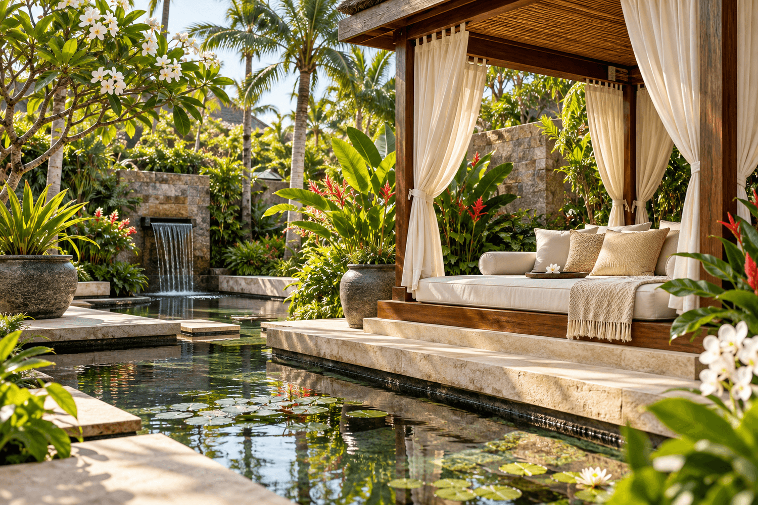 Peaceful garden daybed beside a reflecting pond at a tropical resort