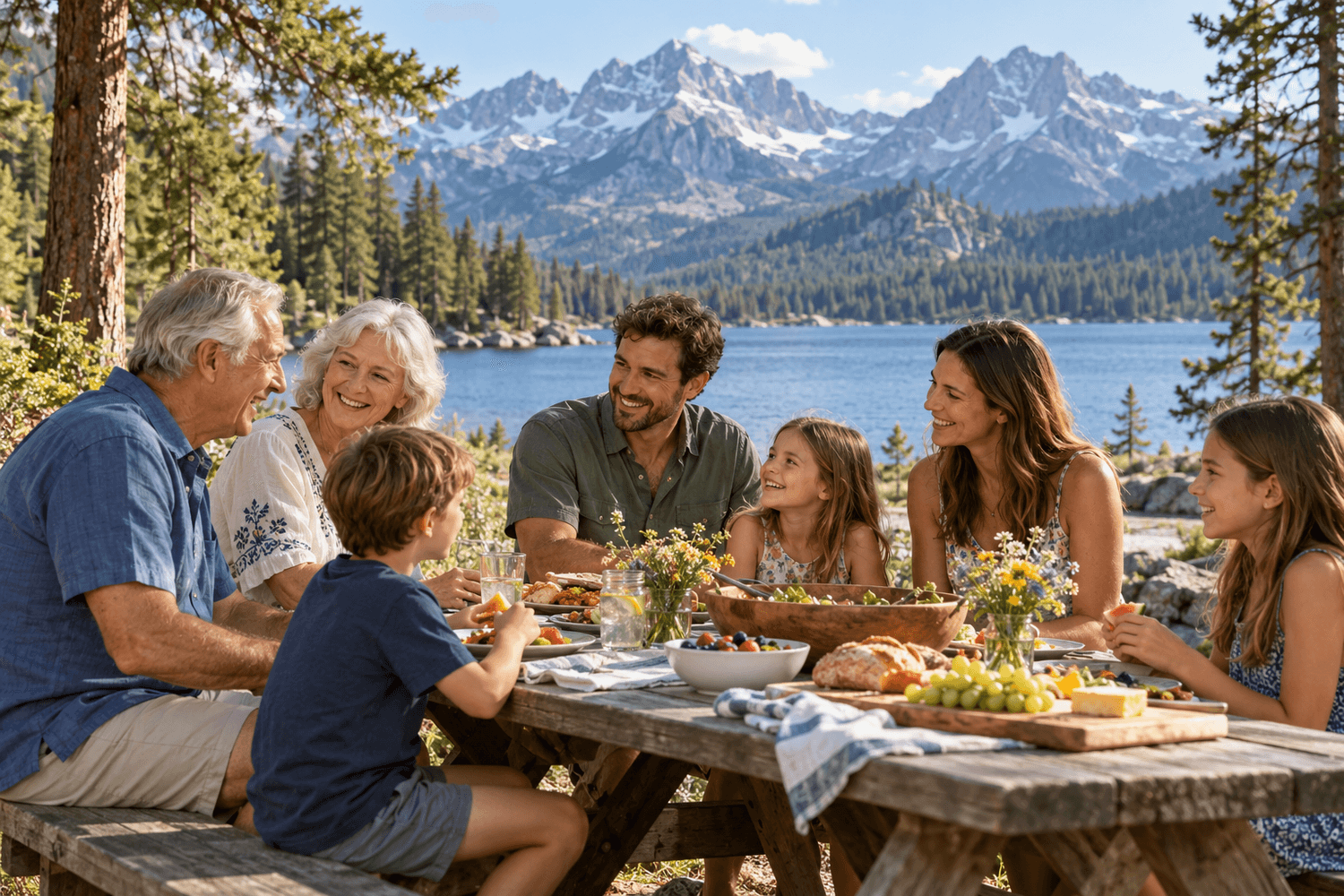 Multigenerational family sharing a picnic beside a mountain lake